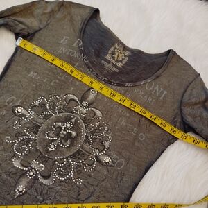 Y2K VELVET STONE ACID WASH TOP LONG SLEEVE EMBELLISHED FLEUR DE LIS BLING SMALL